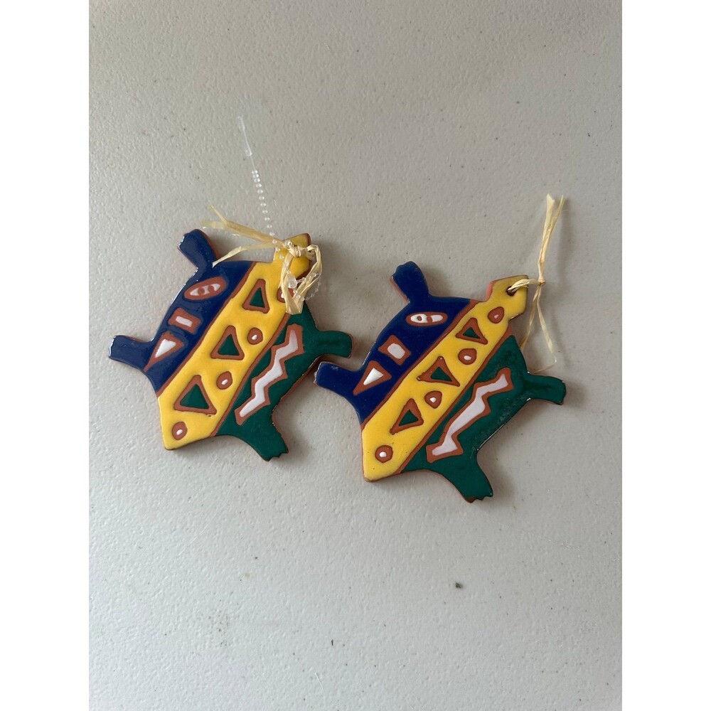 Set Of 2 Hand Painted Southwestern Mexicana Folk Art Turtle Pottery Ornaments